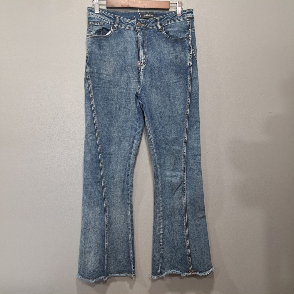 Allegra K Womens High Waist‎ Flare Jeans Medium Wash Frayed Hem Seam Detail